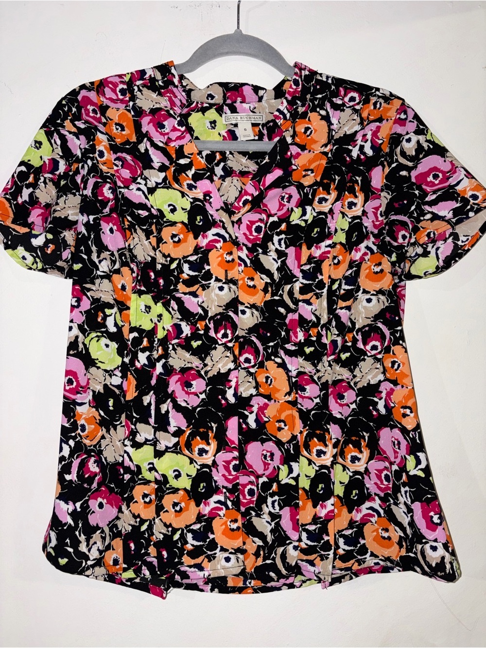 Dana Buchman Black Floral Button-Down Blouse with Pink Orange & Lime Accents